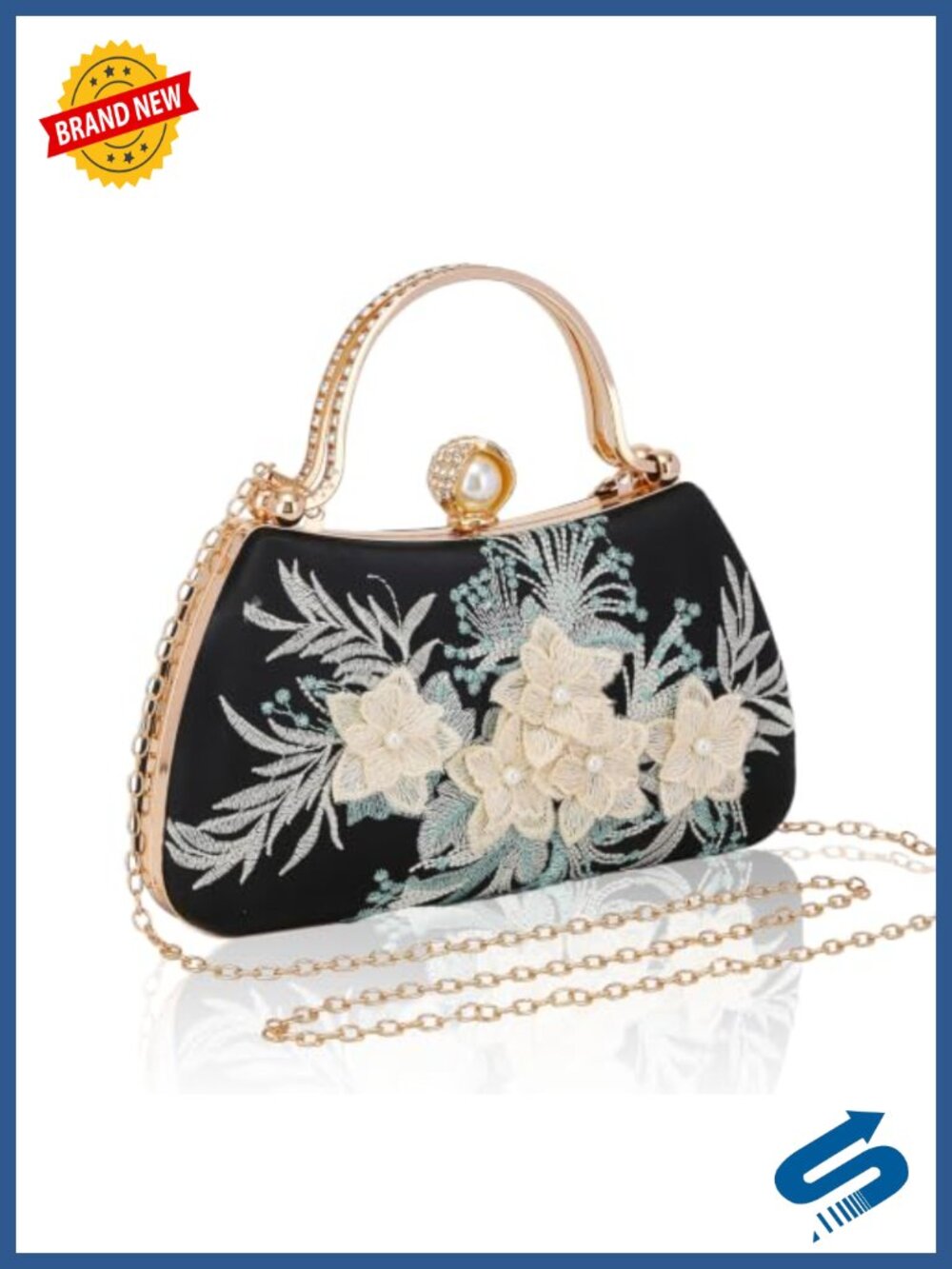 Floral Embroidered Satin Evening Clutch with Chain Formal Wedding Bag